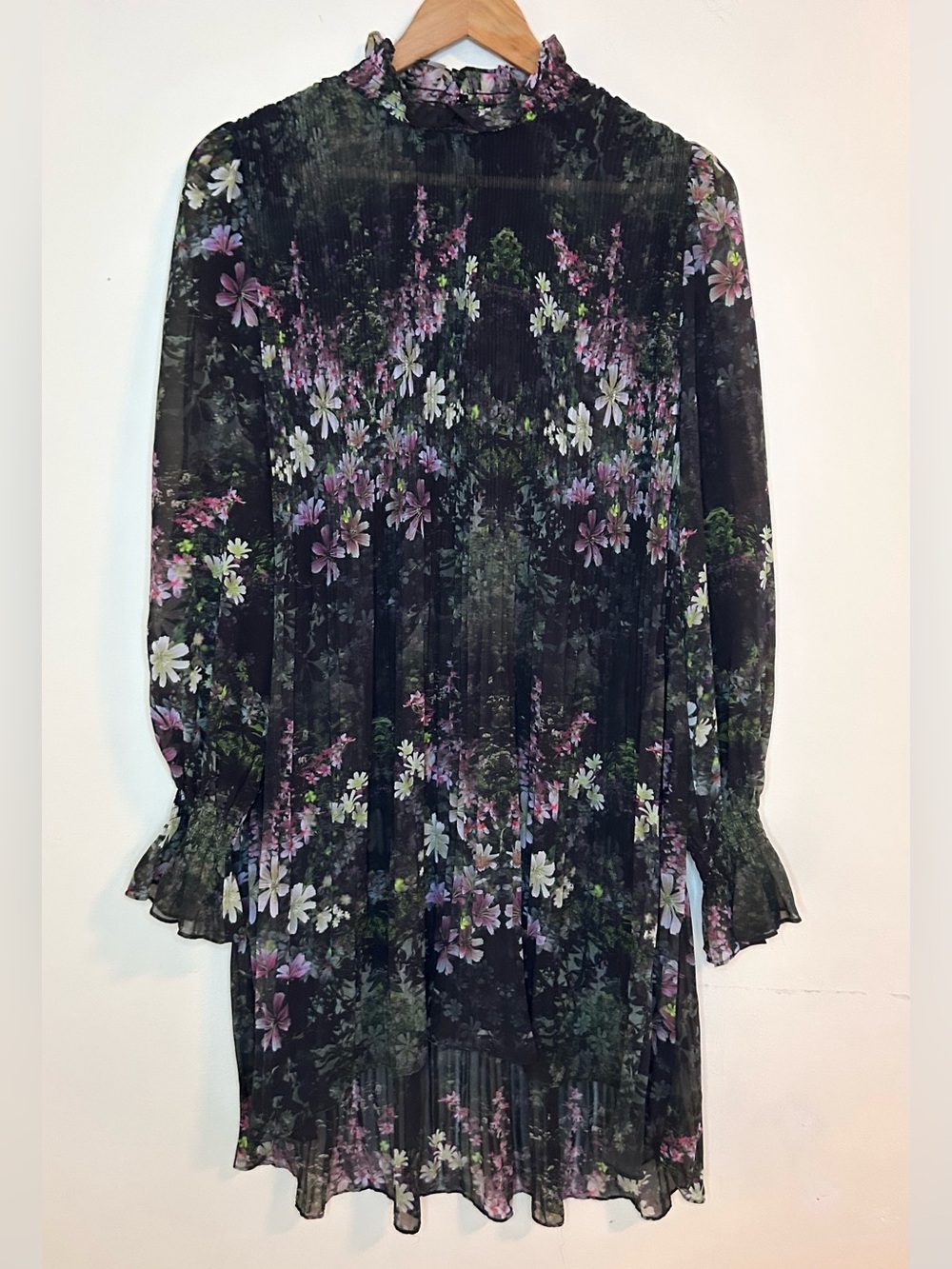 All Saints Cora Ophelia mini dress black w floral print sheer w pleats size US10